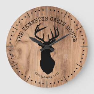 Grande Horloge Ronde Black Deer Family Nom Rustic Wood Cabin