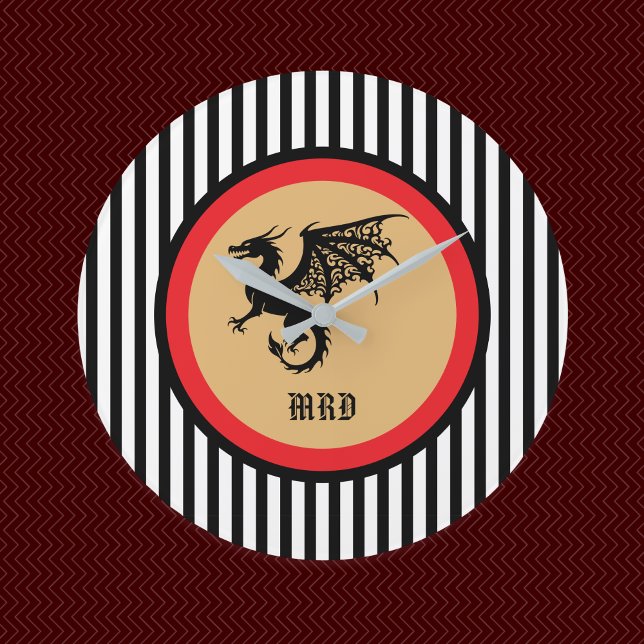 Grande Horloge Ronde Black Dragon with Monogram n Black White Stripes   (Créateur téléchargé)