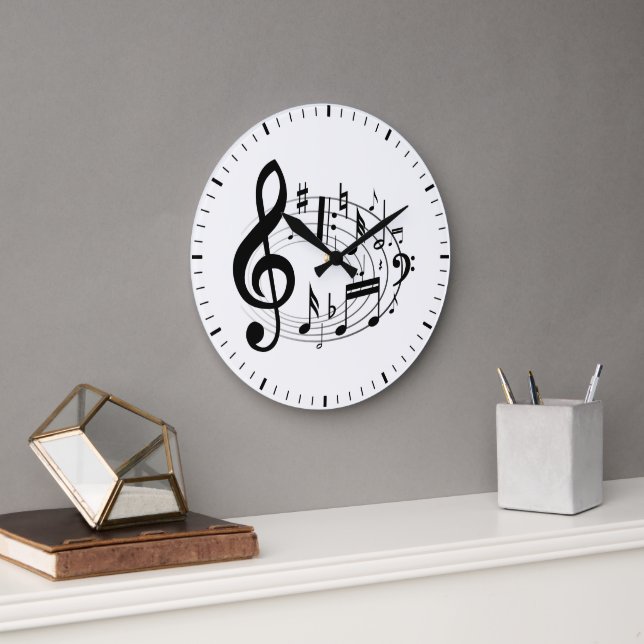 Grande Horloge Ronde Black Musical Notes in Oval Shape (Bureau)