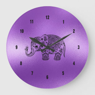 Grande Horloge Ronde Black Paisley Elephant Shiny Purple
