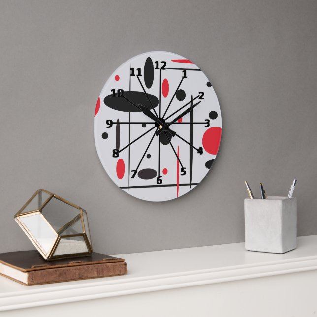 Grande Horloge Ronde Black, Red and White Abstract Wall Clock (Bureau)