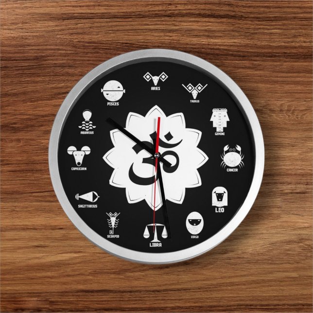 Grande Horloge Ronde Black & White Zodiac - Vedic Signs with OM Symbol (The Power of Time Meets the Spirit of the Signs.)
