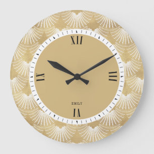 Grande Horloge Ronde Blanc & Faux Gold Motif Art déco