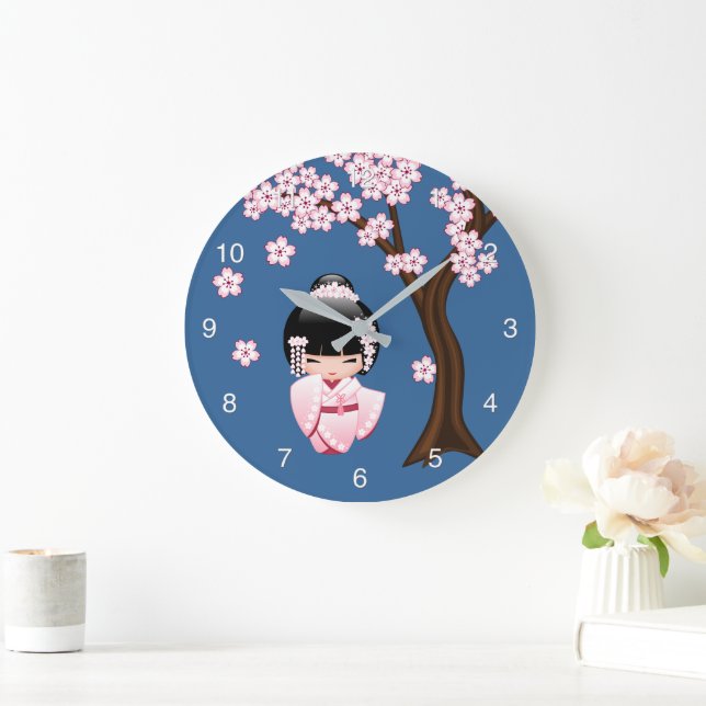 Grande Horloge Ronde Blanc Kimono Kokeshi Doll Cute Geisha Girl Blue (Maison)