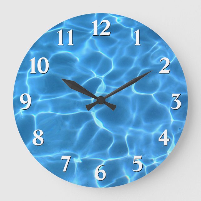 Grande Horloge Ronde Blanc Noir Ombre Numéros Bleu Piscine (Recto)