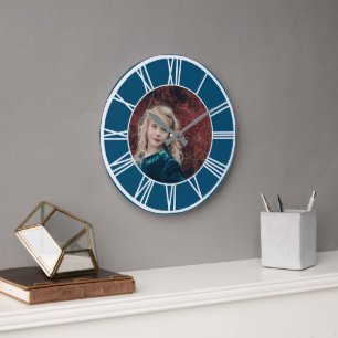 Grande Horloge Ronde Blanc Roman Numérique Bordure Océan Bleu RD Ajoute