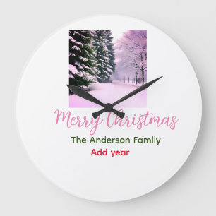 Grande Horloge Ronde Blanc rose neige joyeux Noël ajouter nom de famill