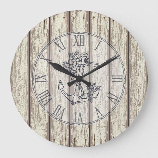 Grande Horloge Ronde Blanc Rustique Peint Bois Floral Ancre nautique (Recto)