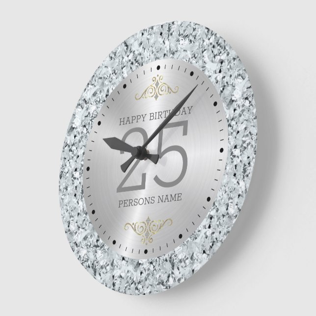 Grande Horloge Ronde Blancs faux diamants 25e anniversaire (Angle)