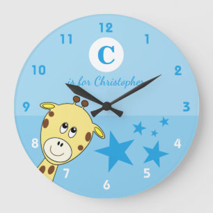 Grande Horloge Ronde Bleu avec un nom de bébé étoiles girafe mignon