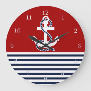 Grande Horloge Ronde Bleu blanc de la marine et Ancre blanche