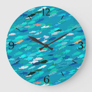 Grande Horloge Ronde Bleu, blanc, école de turquoise des poissons