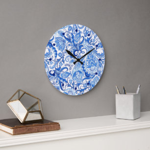 Grande Horloge Ronde Bleu Bleu Blanc Floral Paisley Art Motif
