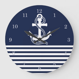 Grande Horloge Ronde Bleu Bleu Bleu Blancs et Ancre blanche