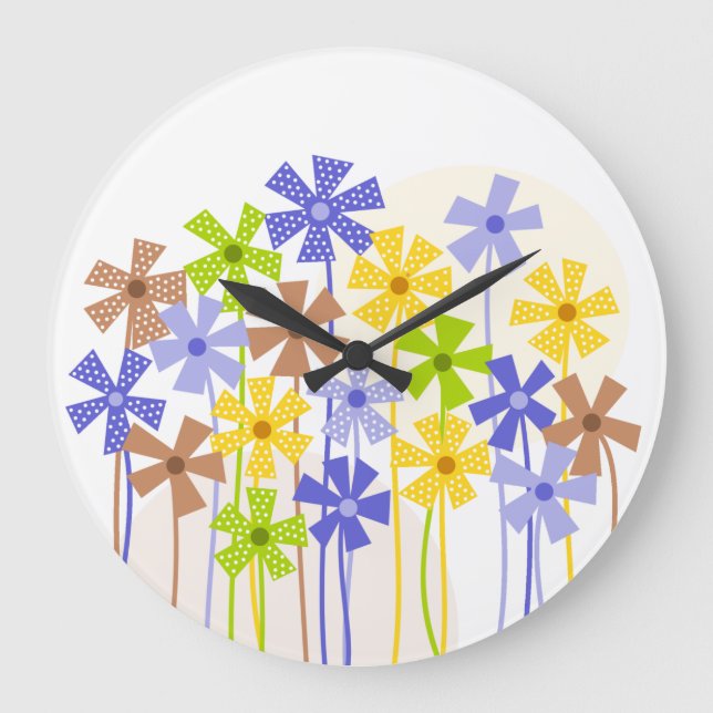 Grande Horloge Ronde Bleu bleu jaune brun simple fleurs dessin (Recto)