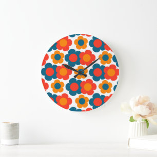 Grande Horloge Ronde Bleu Capricieux & Orange Floral Rétro Joyeux