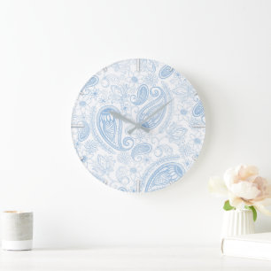 Grande Horloge Ronde Bleu Classeux Paillettes Paisley Floral Motif Blan
