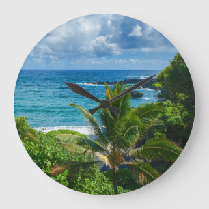 Grande Horloge Ronde Bleu classique Hawaii Tropical Island Sea Palms