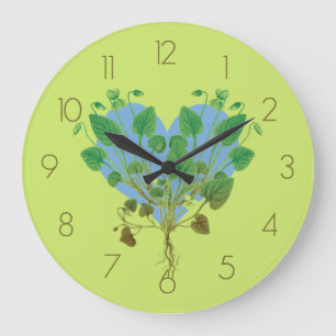 Grande Horloge Ronde Bleu Coeur Vert Feuilles