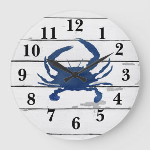 Grande Horloge Ronde Bleu Crab Ship Plage Rustique Peinture