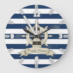 Grande Horloge Ronde Bleu de marine moderne, Roue de bateau