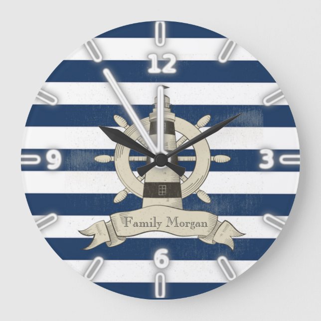 Grande Horloge Ronde Bleu de marine moderne, Roue de bateau (Recto)
