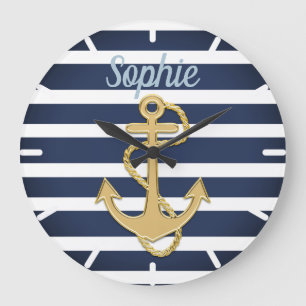 Grande Horloge Ronde Bleu et Ancre Gold Nautique