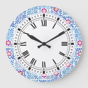 Grande Horloge Ronde Bleu et blanc et artisanat floral