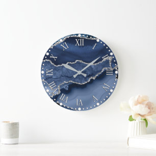 Grande Horloge Ronde Bleu et Faux Parties scintillant en argent Agate e