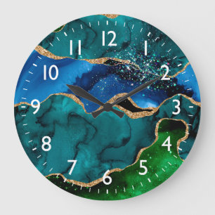 Grande Horloge Ronde Bleu et vert Peacock Faux Parties scintillant Agat