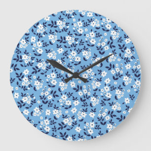 Grande Horloge Ronde Bleu, Fleurs blanches : Vintage