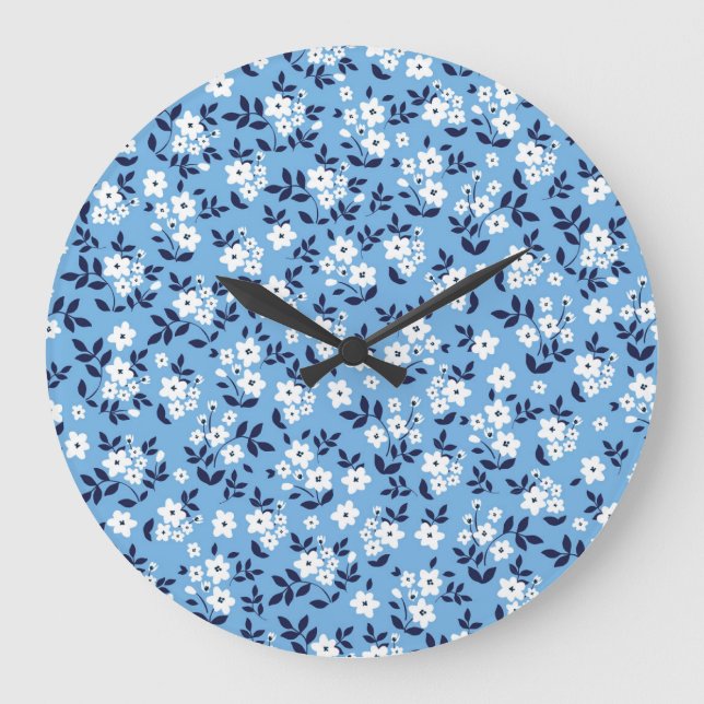 Grande Horloge Ronde Bleu, Fleurs blanches : Vintage (Recto)