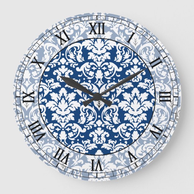 Grande Horloge Ronde bleu foncé et blanc élégant damassé chiffres romai (Recto)