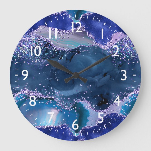 Grande Horloge Ronde Bleu foncé et violet Parties scintillant Agate océ (Recto)