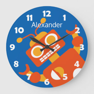 Grande Horloge Ronde Bleu frais personnalisé par robot orange fou