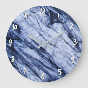 Grande Horloge Ronde Bleu & Marbre blanc Swirl Moderne Chic