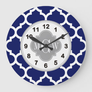 Grande Horloge Ronde Bleu Marine Blanc Marocain #5 Gris 3 Monogramme In