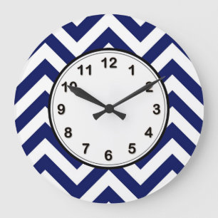 Grande Horloge Ronde Bleu marine et blanc grand motif chevron ZigZag