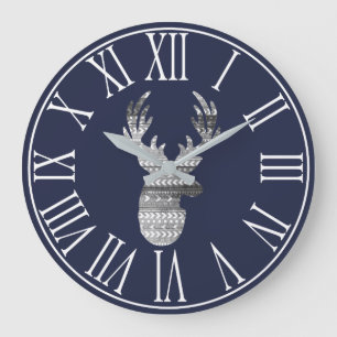 Grande Horloge Ronde Bleu marine gris rustique de cerfs communs et de