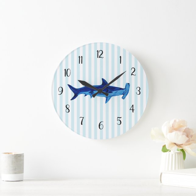 Grande Horloge Ronde Bleu marteau marin requin rayure (Maison)