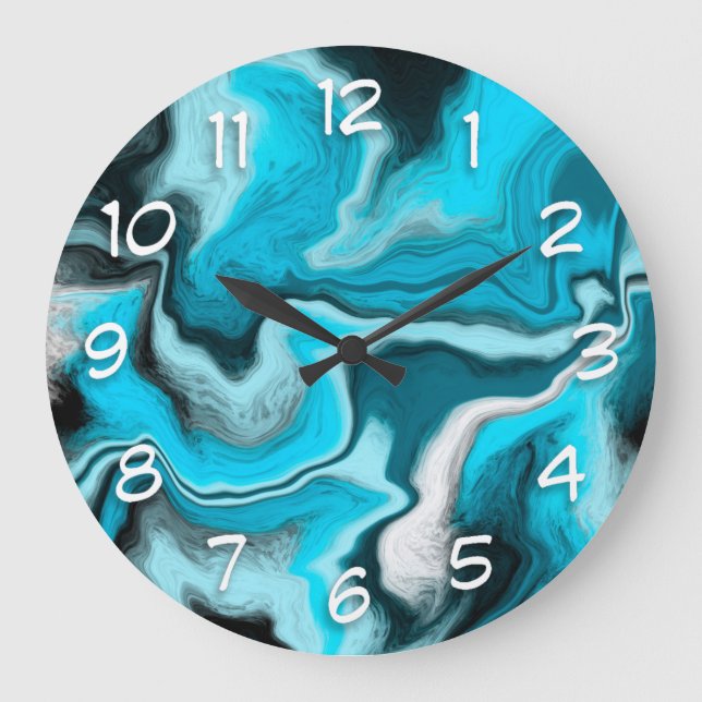 Grande Horloge Ronde Bleu, noir et Marbre blanc Fluid Art  (Recto)