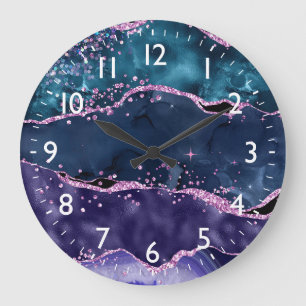 Grande Horloge Ronde Bleu Nuit et Paillettes Violettes Agate Océan