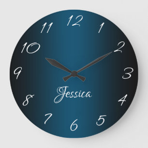 Grande Horloge Ronde Bleu Océan Élégant et Ombré Noir Personnalisé