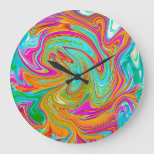 Grande Horloge Ronde Bleu, Orange et Rose Chaud Abstrait Rétro Groovy