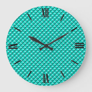 Grande Horloge Ronde Bleu paon, aspect émail, grille cloutée