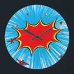 Grande Horloge Ronde Bleu rétro et étoiles rouges Bande dessinée Explos<br><div class="desc">Cette toile de fond de style comique rétro est parfaite pour tout collectionneur de super héros ou fan boy. Les graphismes brillants ont des lignes dures et des couleurs audacieuses.</div>