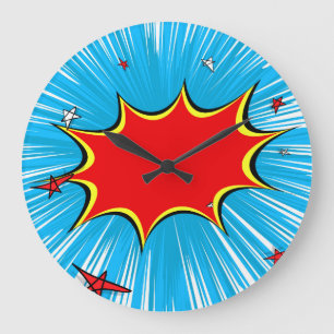 Grande Horloge Ronde Bleu rétro et étoiles rouges Bande dessinée Explos