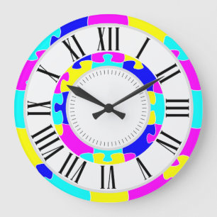 Grande Horloge Ronde Bleu rose clair, Jaune Jigsaw Art