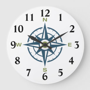 Grande Horloge Ronde Bleu Rose Design Compass