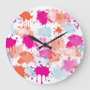 Grande Horloge Ronde Bleu rose orange Abstrait Peinture